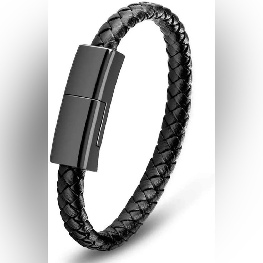 Leather Braided Black 2.4A Fast Charging Cable Bracelet USB to C